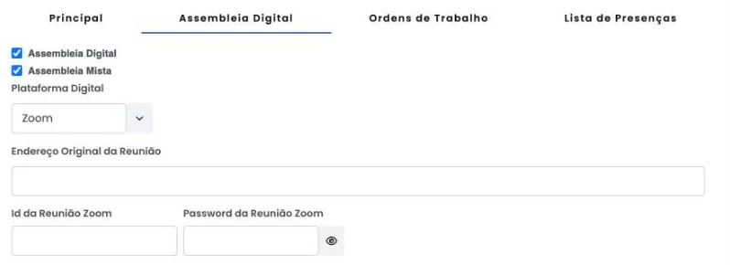Configuração de assembleia digital e mista no GC, com reunião Zoom