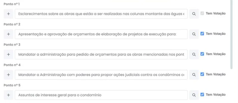 Ordem de trabalhos de uma assembleia de condomínio no GC, com os pontos sujeitos a votação