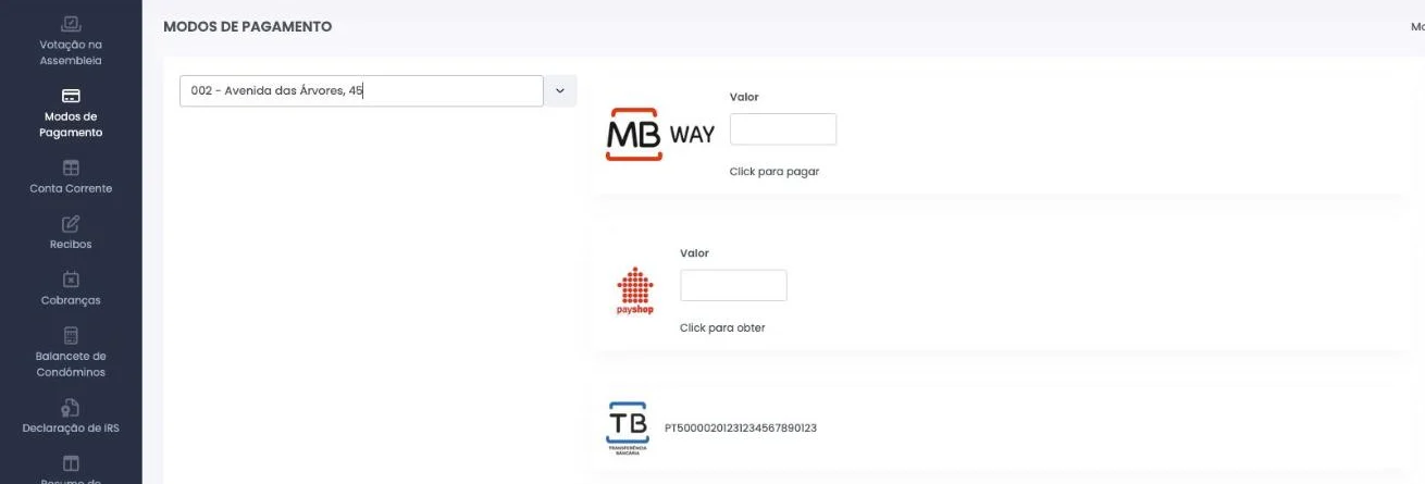 Modos de pagamento no portal do condómino do GC, com MB WAY, referência Multibanco e Payshop