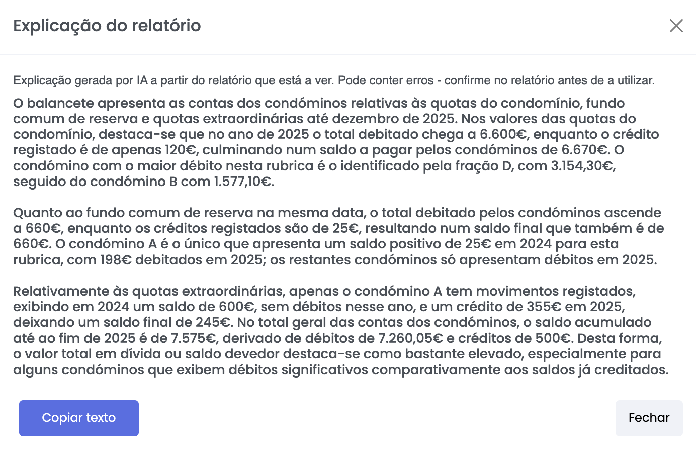 Relatório de contas do condomínio